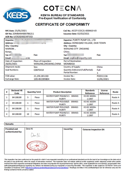 Export av PVOC-certifikat till afrikanska länder (Kenya)